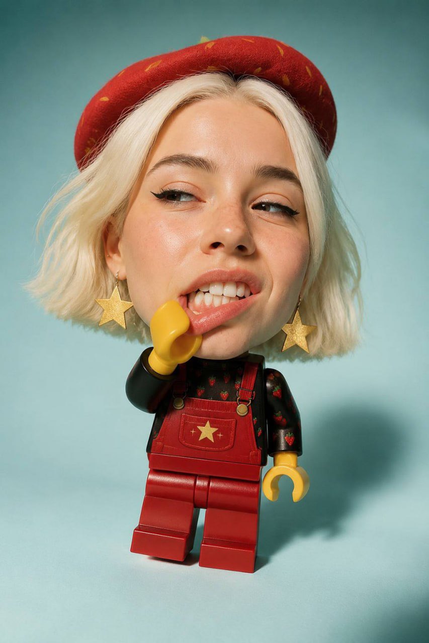 乐高身体真人头部的超现实时尚肖像 / Surreal Lego Minifigure Human Head Portrait，人像与摄影，人像、时尚、极简，案例输出图 2