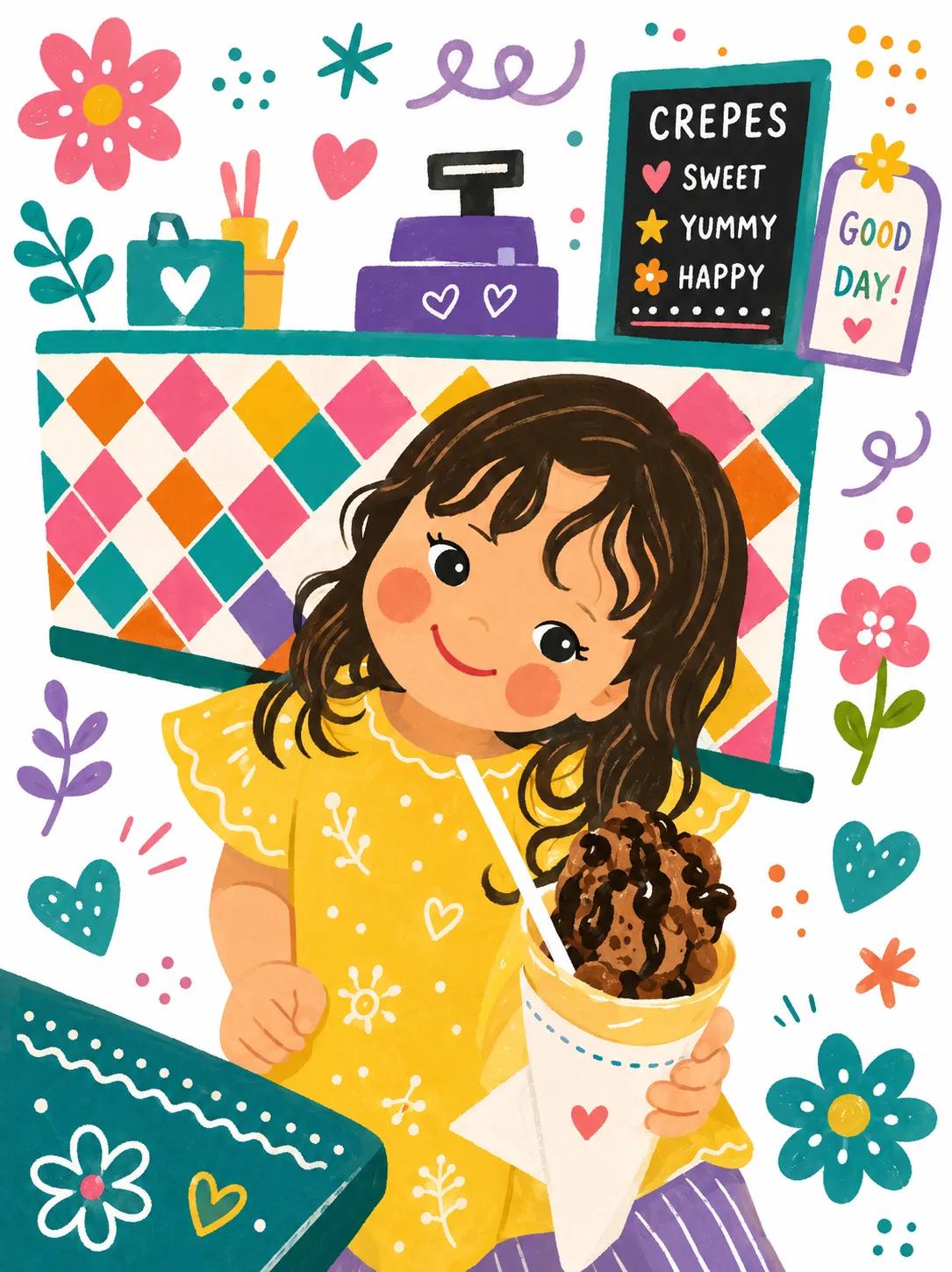 奇幻绘本风手持巧克力可丽饼的小女孩 / Whimsical Storybook Girl Chocolate Crepe Illustration,角色设计,海报、插画、角色,案例输出图 1
