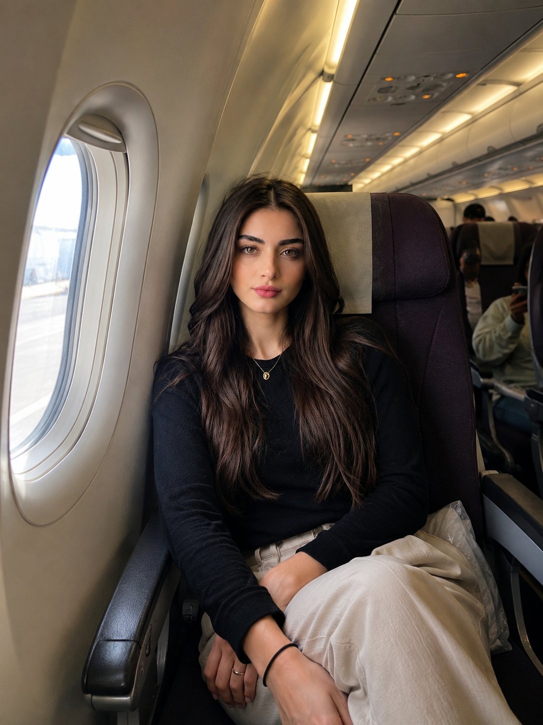 现代客机机舱内自然旅行抓拍肖像 / Realistic Airplane Travel Portrait Iphone Style,人像与摄影,人像、城市视觉、产品图,案例输出图 1