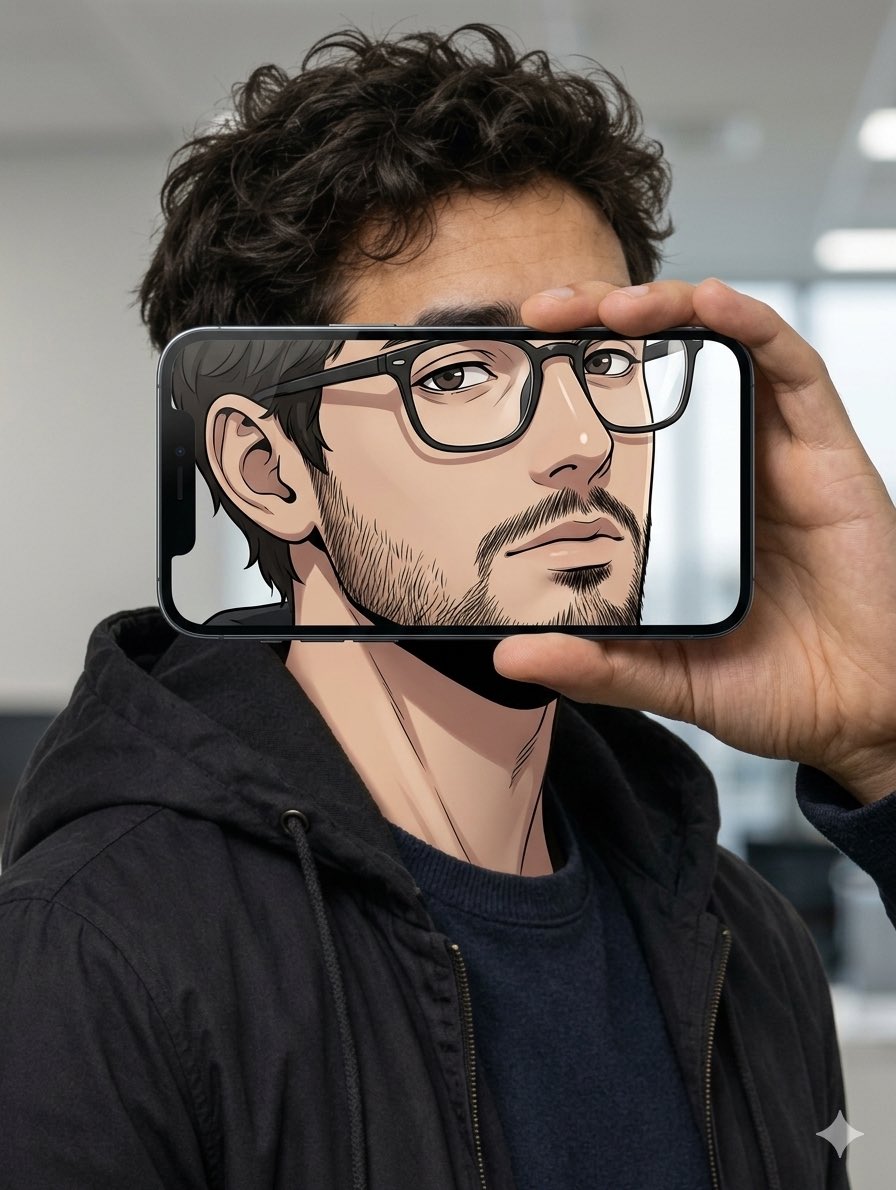 手机遮脸二次元滤镜错觉摄影 / Forced Perspective Smartphone Anime Illusion Portrait，角色设计，人像、电影感、时尚，案例输出图 2