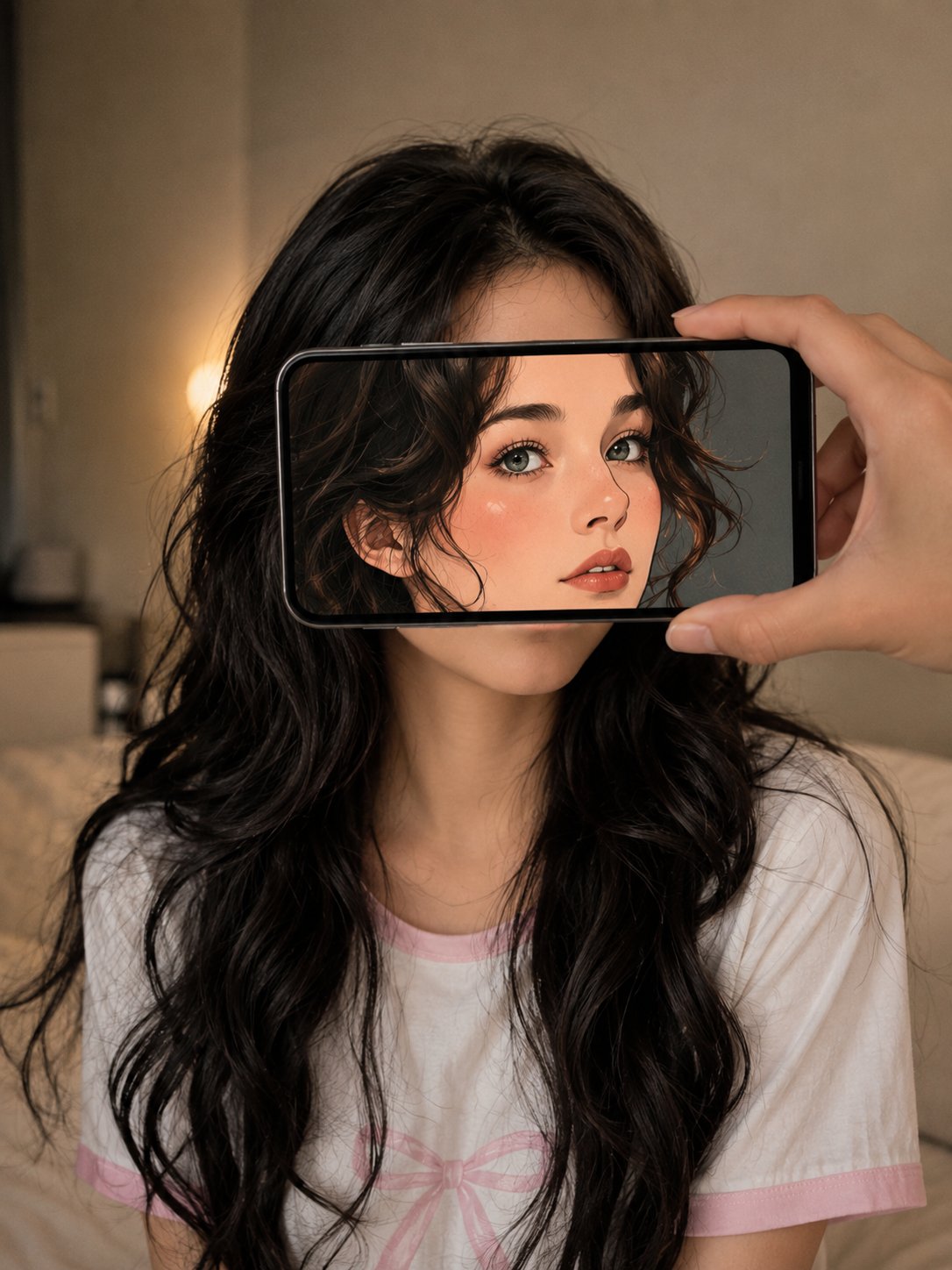 手机遮脸二次元滤镜错觉摄影 / Forced Perspective Smartphone Anime Illusion Portrait,角色设计,人像、电影感、时尚,案例输出图 1