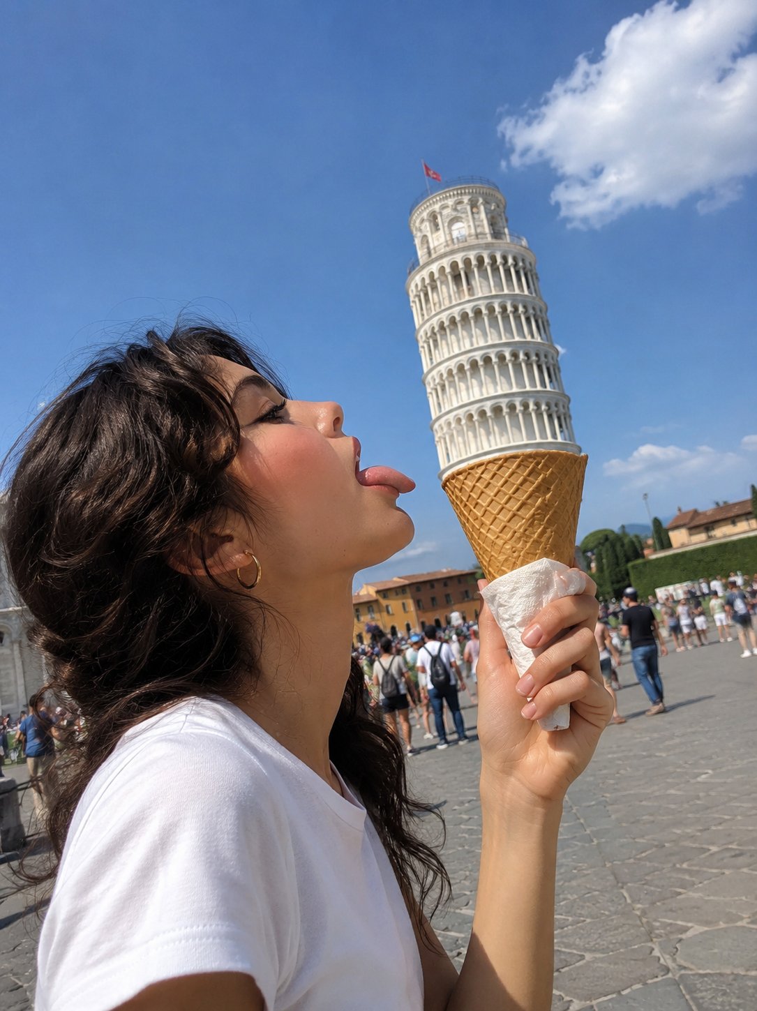 比萨斜塔错位摄影冰淇淋少女 / Leaning Tower Of Pisa Forced Perspective Ice Cream Photo,人像与摄影,人像、城市视觉、人像与摄影,案例输出图 1