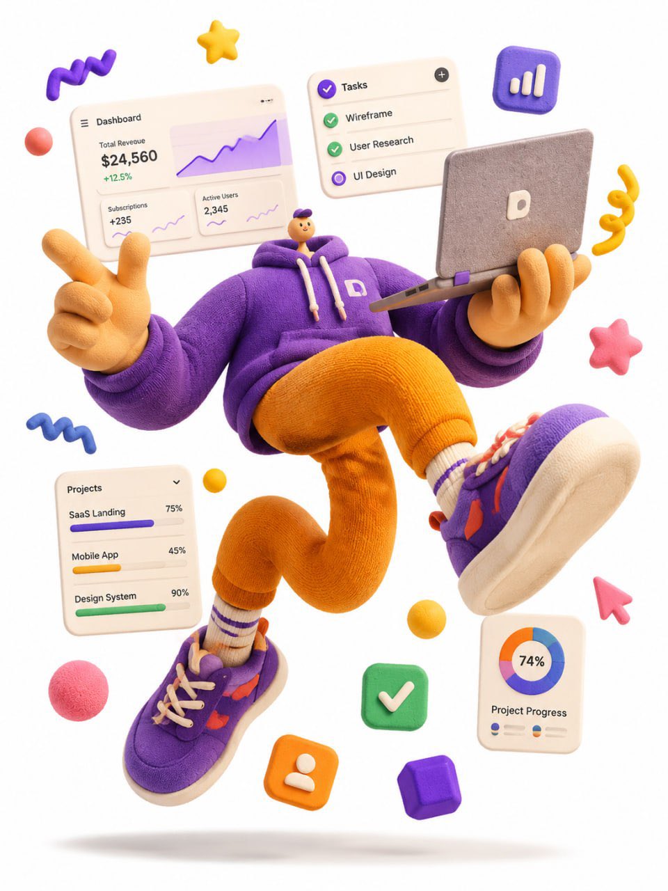 夸张风格SaaS产品设计师3D插画 / Exaggerated Saas Product Designer 3d Illustration,UI 与社交媒体截图,时尚、插画、UI,案例输出图 1