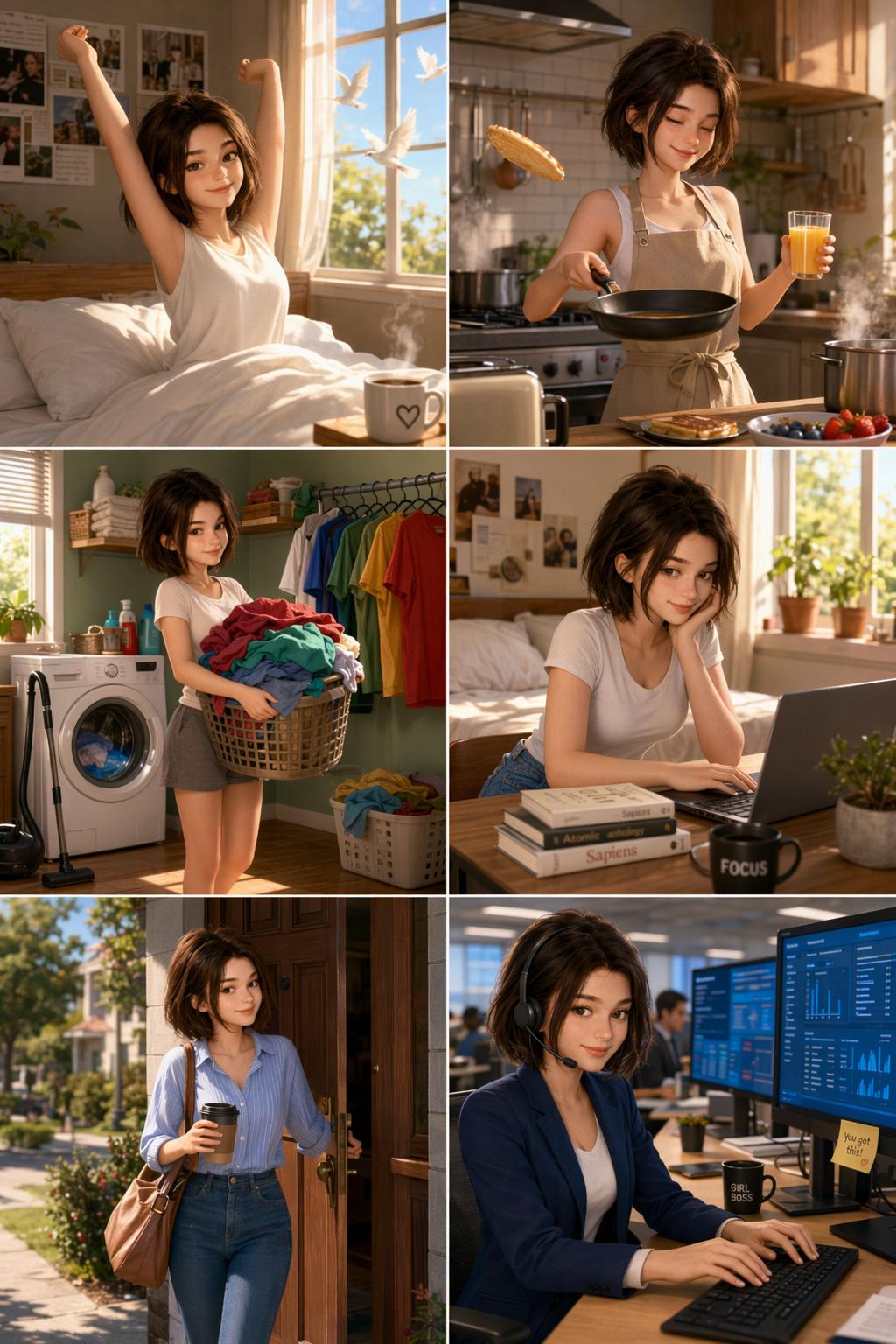 3D动画皮克斯风格女性日常生活六格拼贴 / Pixar Style 3d Animated Woman Daily Routine Collage,角色设计,人像、插画、角色,案例输出图 1