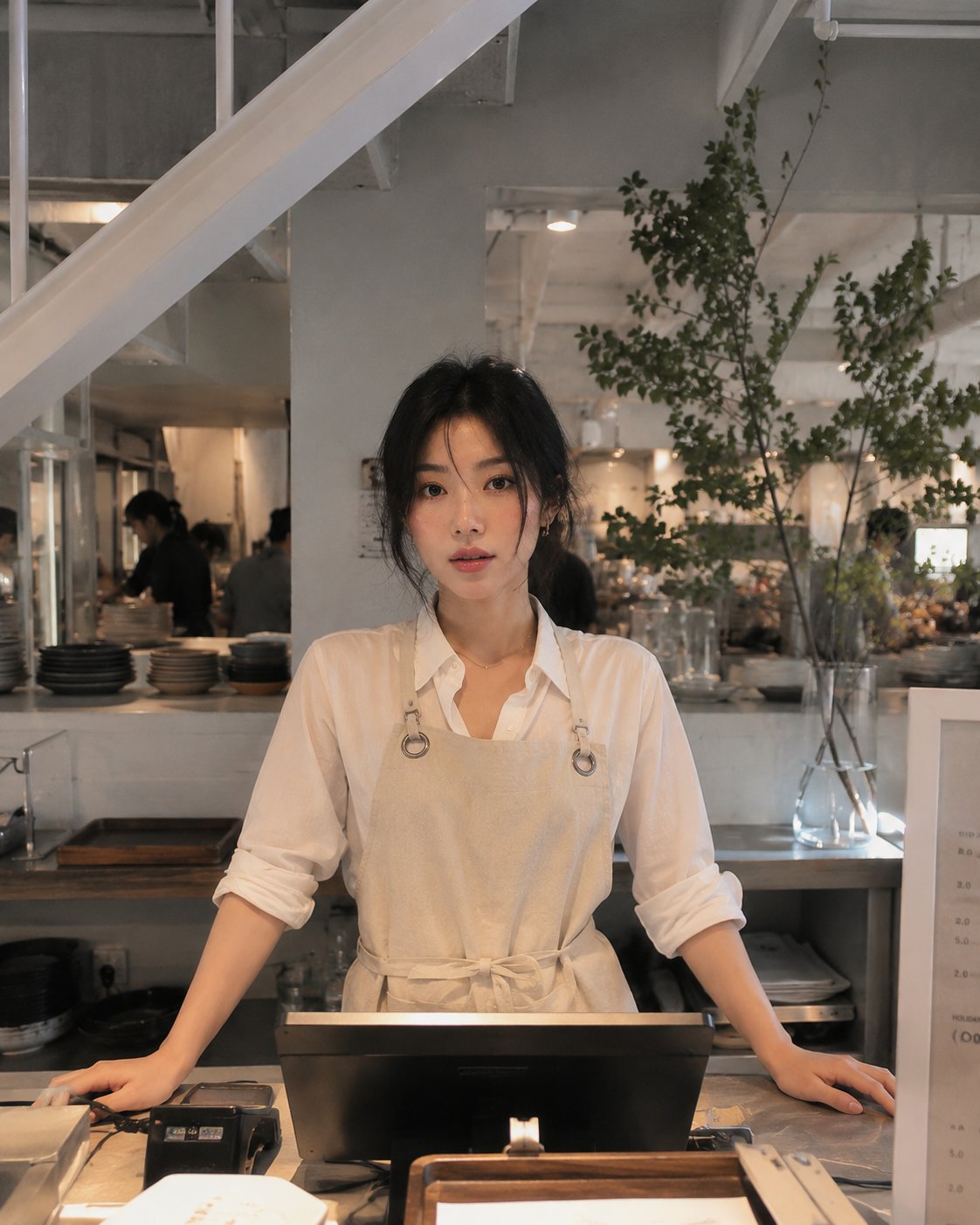 现代咖啡馆超写实女性员工服务瞬间 / Modern Cafe Employee Lifestyle Cinematic Photography,人像与摄影,霓虹、人像、电影感,案例输出图 1