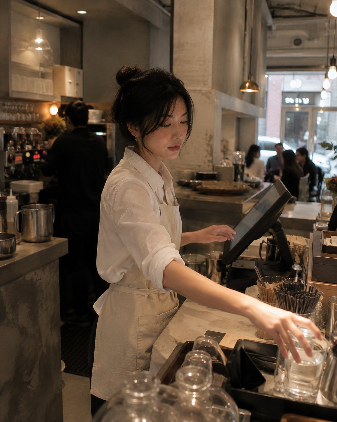 现代咖啡馆超写实女性员工服务瞬间 / Modern Cafe Employee Lifestyle Cinematic Photography，人像与摄影，霓虹、人像、电影感，案例输出图 2