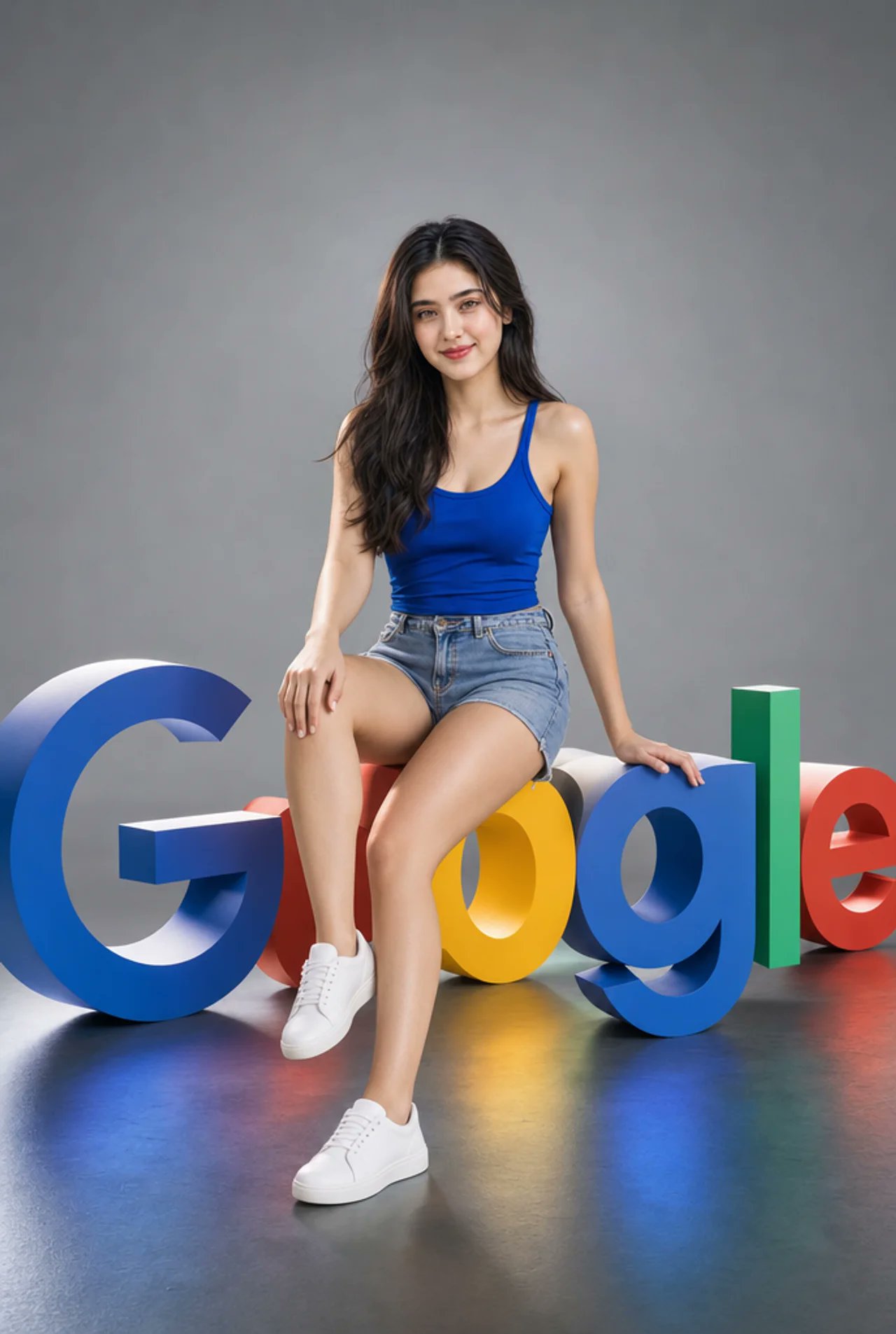 巨大Messenger图标旁的女性AI创意者 / Female Ai Creator Messenger Logo Studio Portrait,人像与摄影,人像、电影感、极简,案例输出图 1