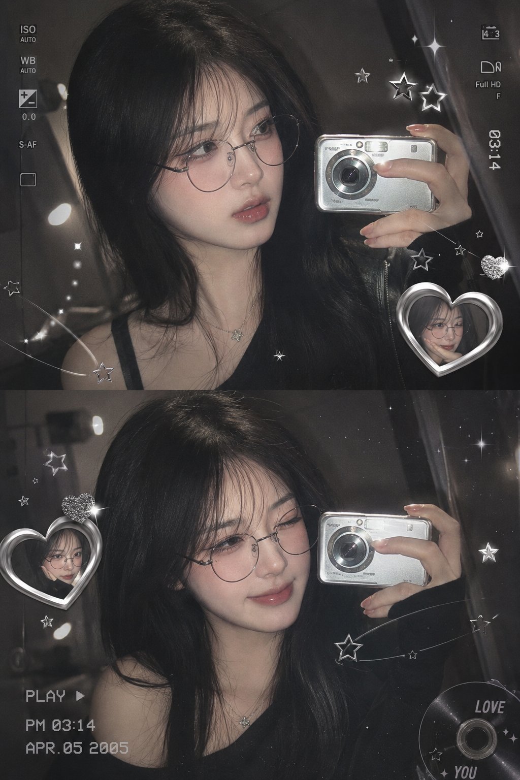审美Y2K韩系少女镜面自拍拼贴 / Aesthetic Y2k Korean Girl Mirror Selfie Collage,UI 与社交媒体截图,人像、电影感、时尚,案例输出图 1