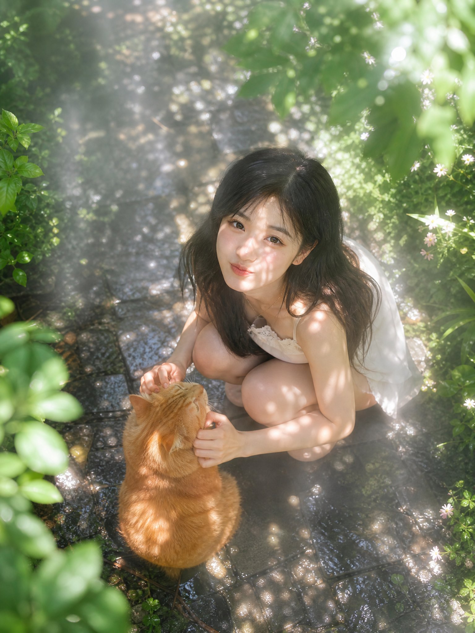 俯拍丁达尔效应花园少女与橘猫 / Top Down View East Asian Woman Garden Cat Tyndall Effect，海报与插画，海报、插画、海报与插画，案例输出图 2