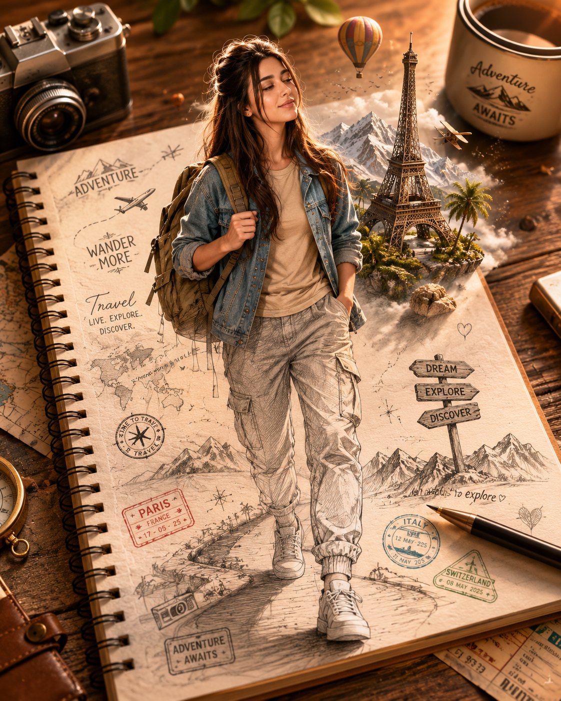笔记本中走出的旅行者3D视觉艺术 / 3d Illusion Traveler Notebook Sketch To Reality,角色设计,电影感、角色、城市视觉,案例输出图 1