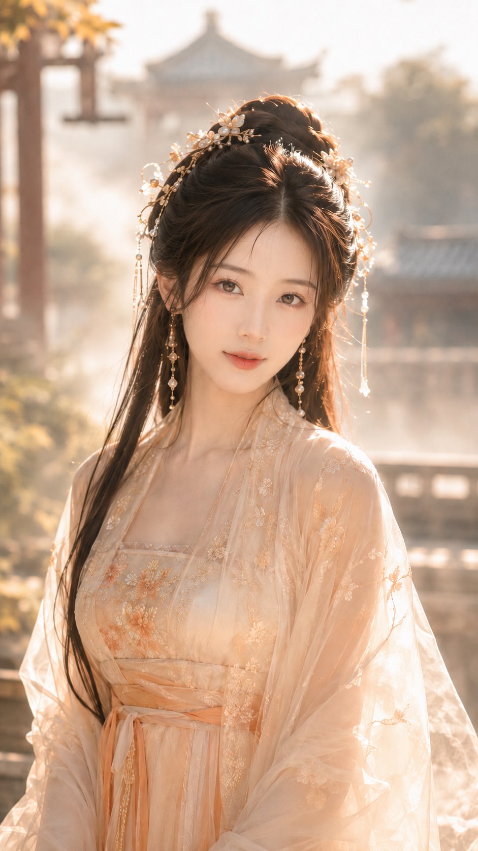 唐风幻想晨雾庭院古风仙侠美人图 / Tang Fantasy Morning Mist Courtyard Beauty Portrait，角色设计，人像、角色、竖版，案例输出图 1