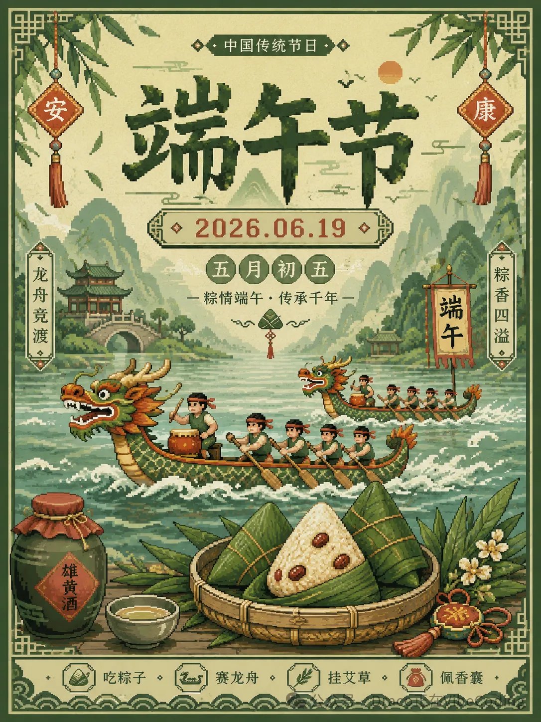 像素化端午节庆典海报 / Pixelated Dragon Boat Festival 2026 Poster，海报与插画，海报、插画、海报与插画，案例输出图 1