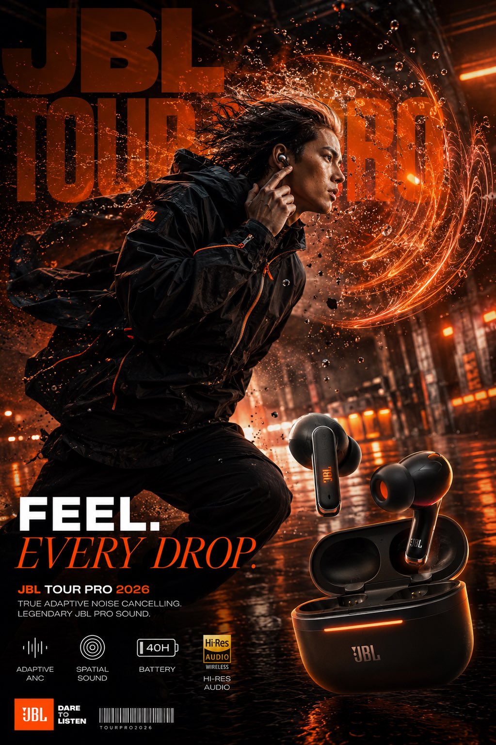 JBL Tour Pro 2026 高端电影级广告海报 / Jbl Tour Pro 2026 Cinematic Ad Poster，UI 与社交媒体截图，人像、电影感、时尚，案例输出图 1