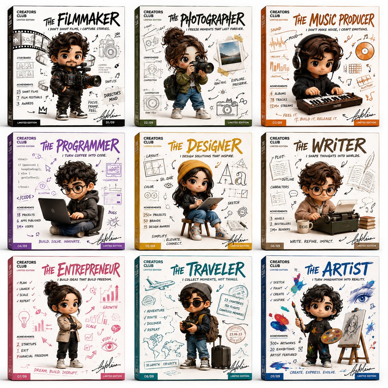九大创意职业3D潮玩收藏卡组 / Creative Archetypes Collectible Character Cards,UI 与社交媒体截图,35mm、时尚、插画,案例输出图 1