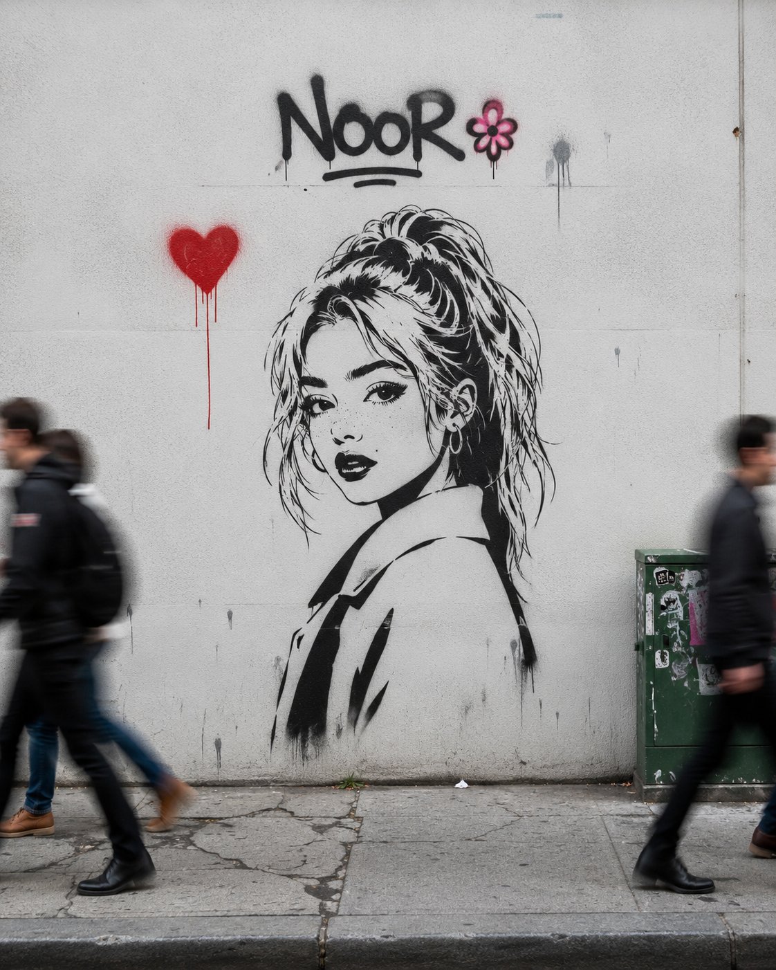 写实城市街头壁画与金色马尾少女 / Realistic Urban Mural Noor Graffiti Art,人像与摄影,人像、电影感、城市视觉,案例输出图 1