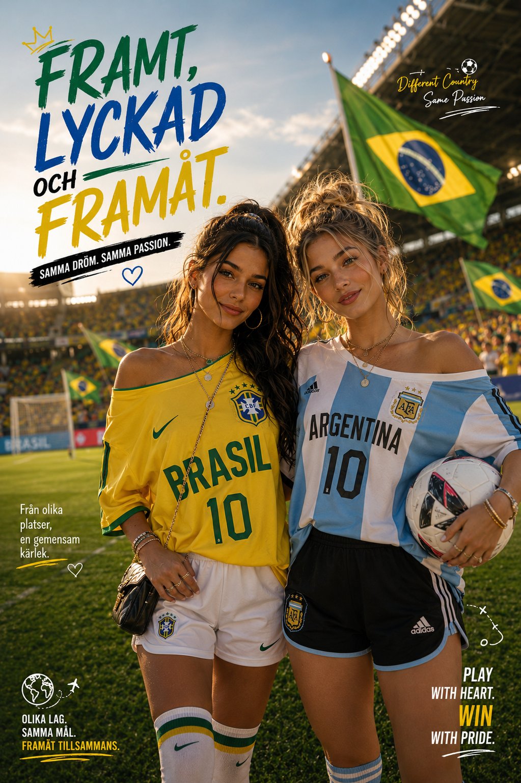 巴西与阿根廷足球少女金黄落日海报 / Brazil Argentina Soccer Fans Golden Hour Poster，人像与摄影，人像、电影感、时尚，案例输出图 1