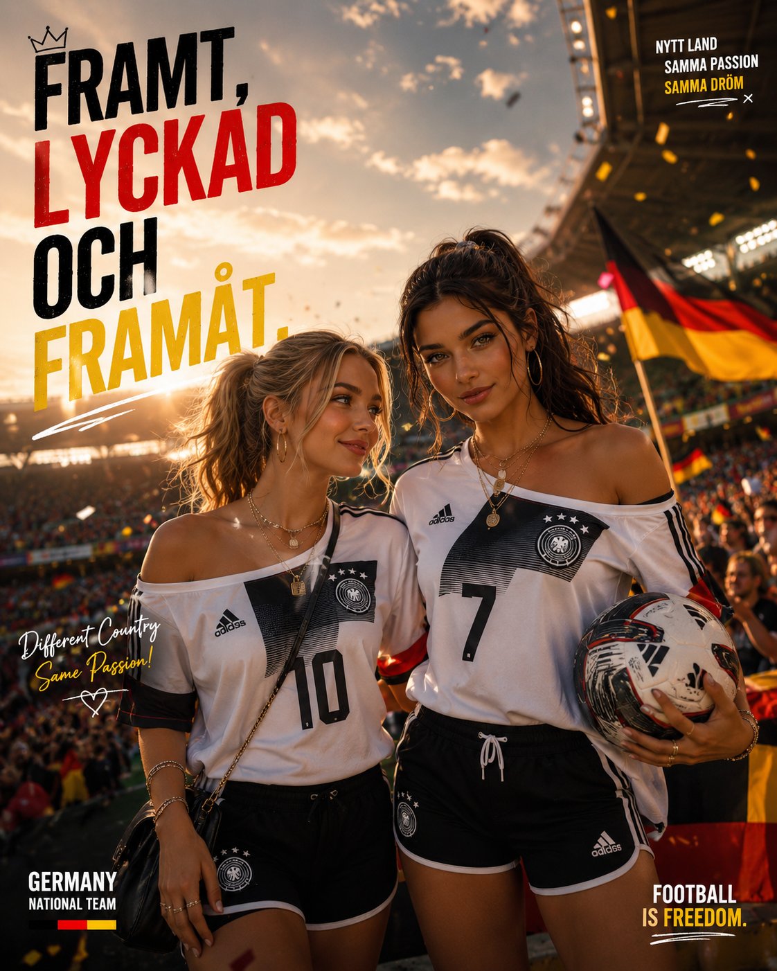 巴西与阿根廷足球少女金黄落日海报 / Brazil Argentina Soccer Fans Golden Hour Poster，人像与摄影，人像、电影感、时尚，案例输出图 2