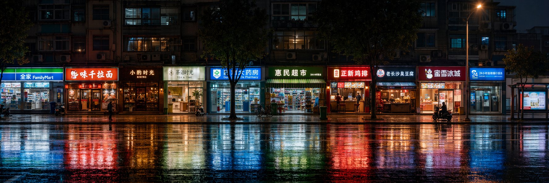 超宽连续背景建筑立面生成指南 / Ultra Wide Continuous Background Facade Prompt，角色设计，霓虹、海报、角色，案例输出图 2
