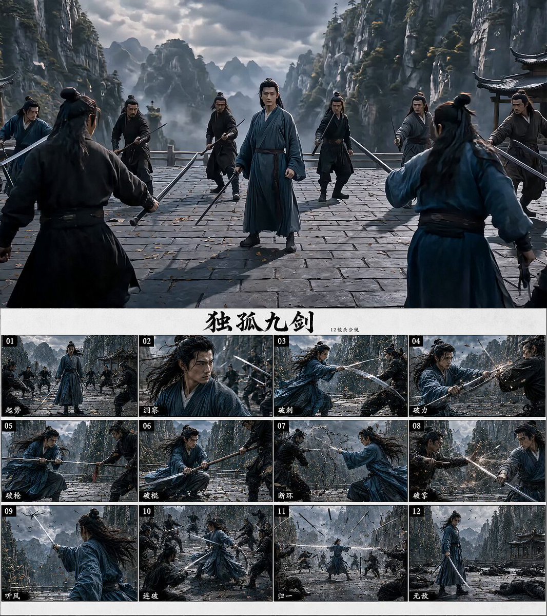 独孤九剑破尽天下招动作分镜 / Dugu Jiu Jian Breaking All Moves Storyboard,角色设计,电影感、插画、角色,案例输出图 1