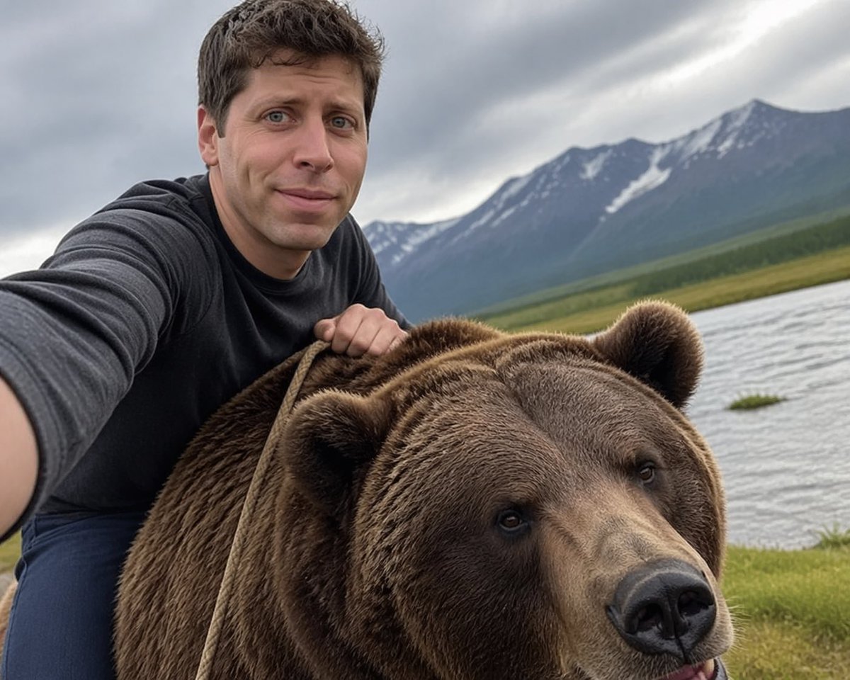 Sam Altman 与熊自拍 / Sam Altman Bear Selfie，模型对比与社区，人像、对比实验、模型对比与社区，案例输出图 1
