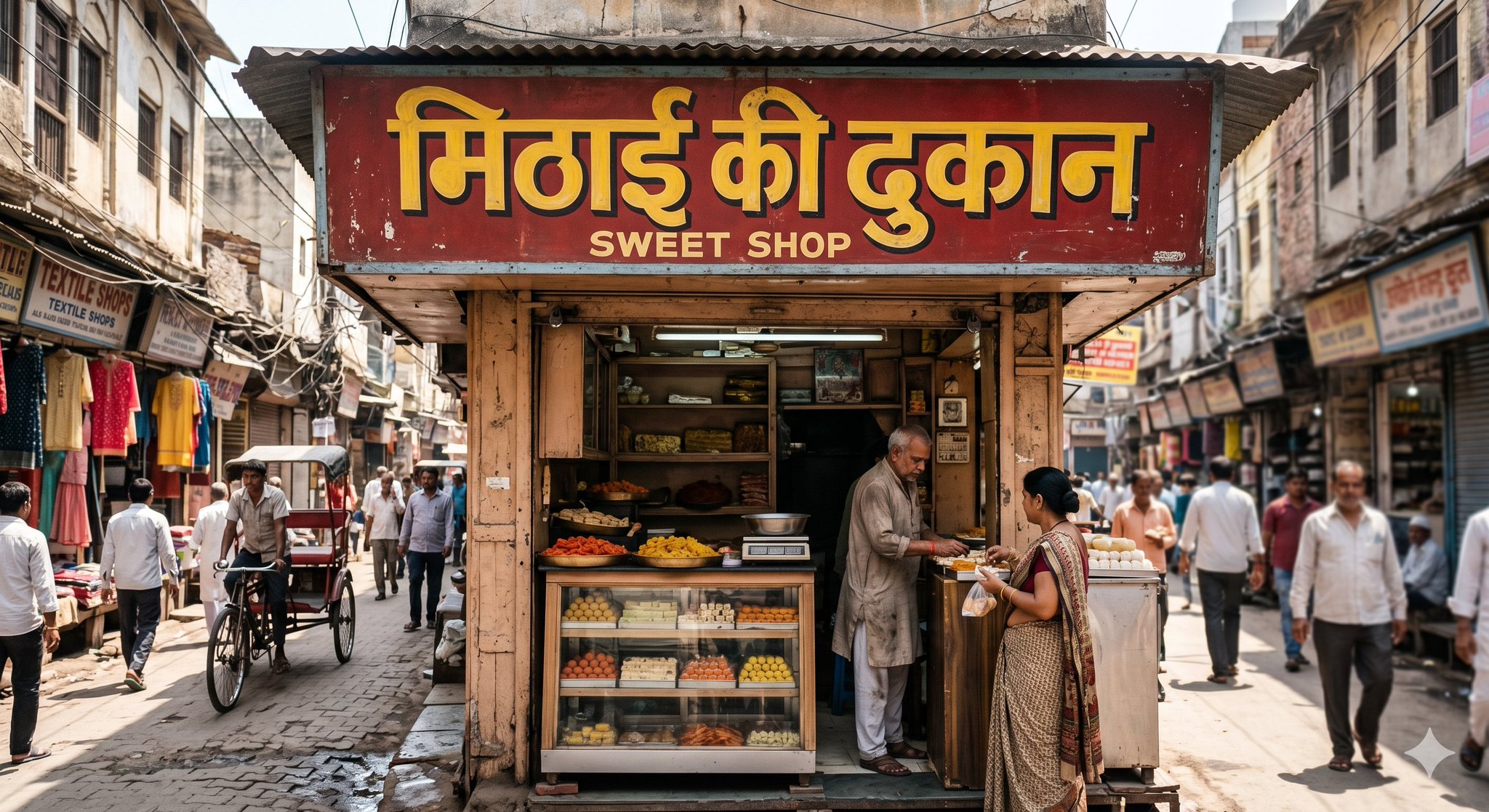 Old Delhi Sweet Shop Storefront Documentary Photo，角色设计，角色、城市视觉、角色设计，案例输出图 1