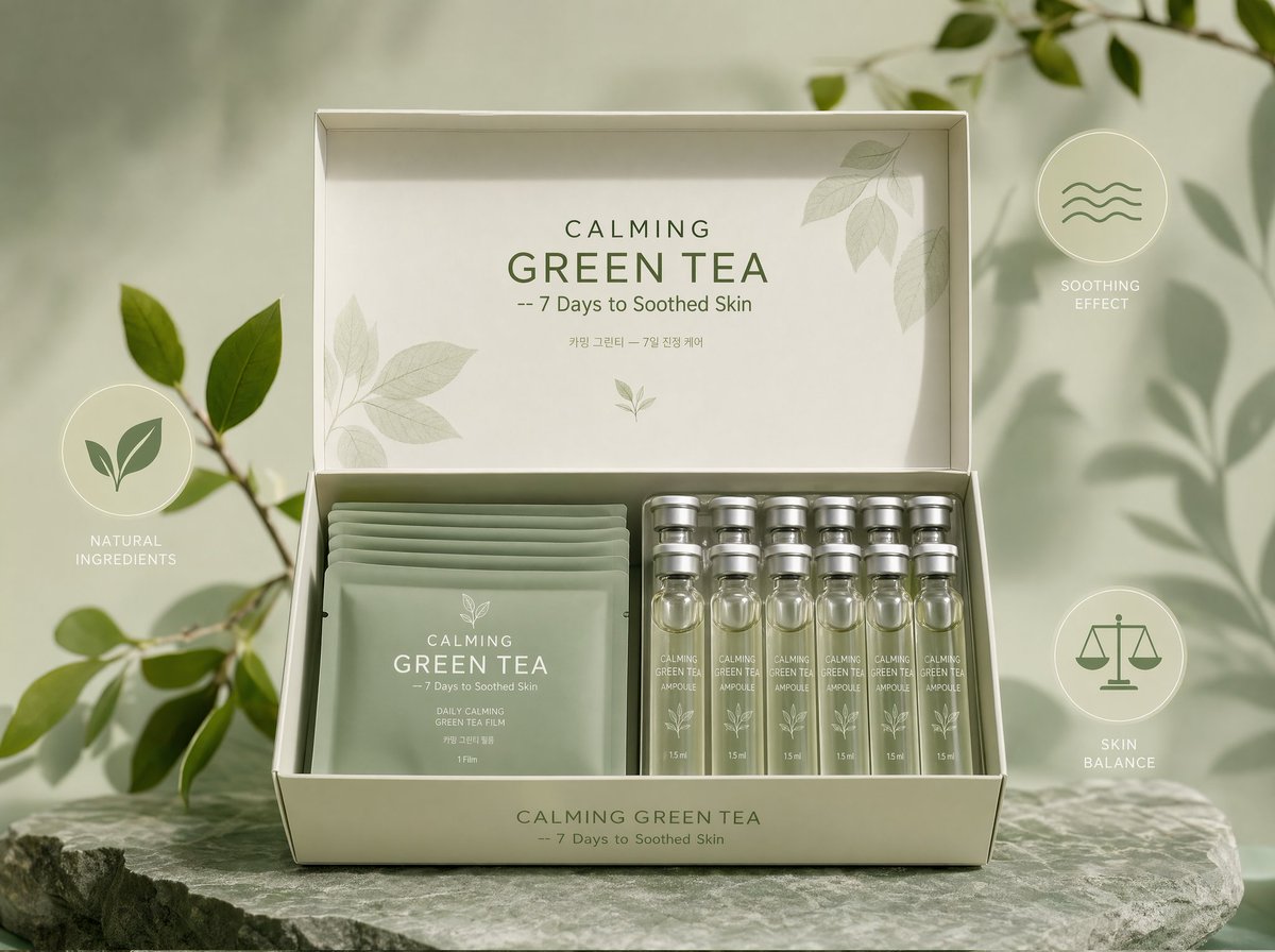舒缓绿茶胶片礼盒产品图 / CALMING GREEN TEA Film Kit displayed frontally, the open box shows soft sage-...，人像与摄影，35mm、人像、极简，案例输出图 1