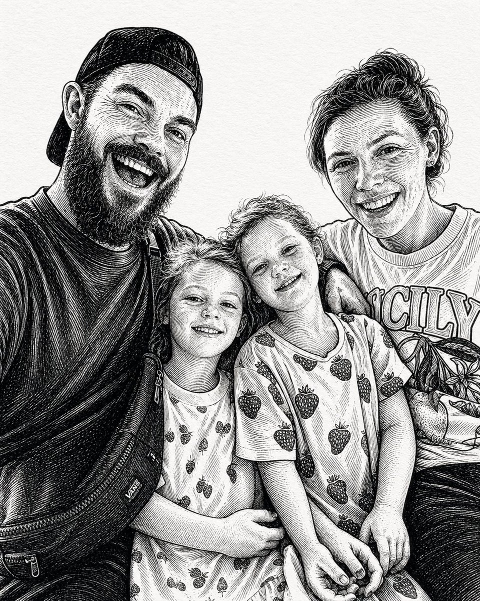 Ink-Etched Family Portrait，人像与摄影，人像、插画、城市视觉，案例输出图 1