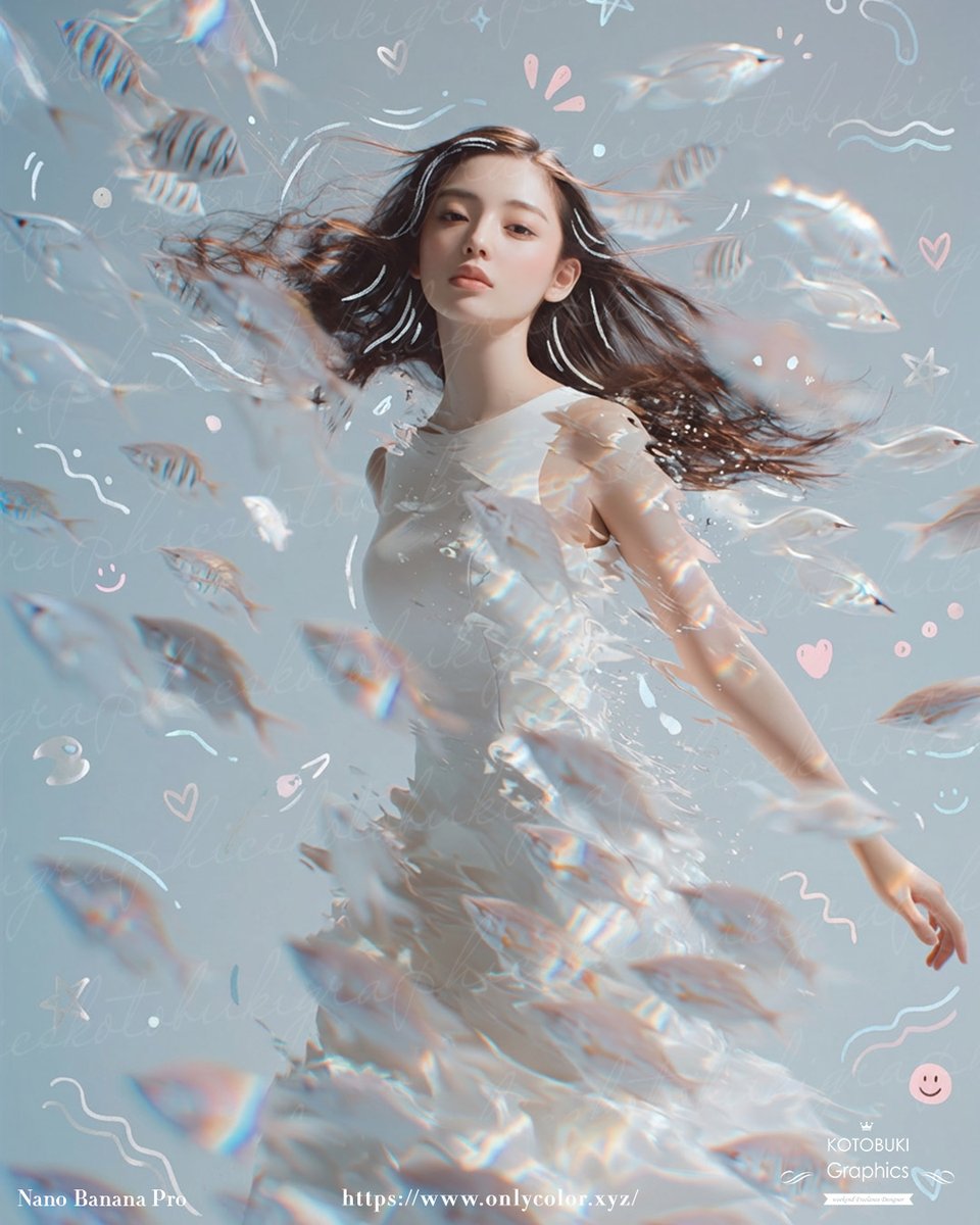 Dreamy Underwater Woman With Translucent Fish，人像与摄影，人像、海报、竖版，案例输出图 1