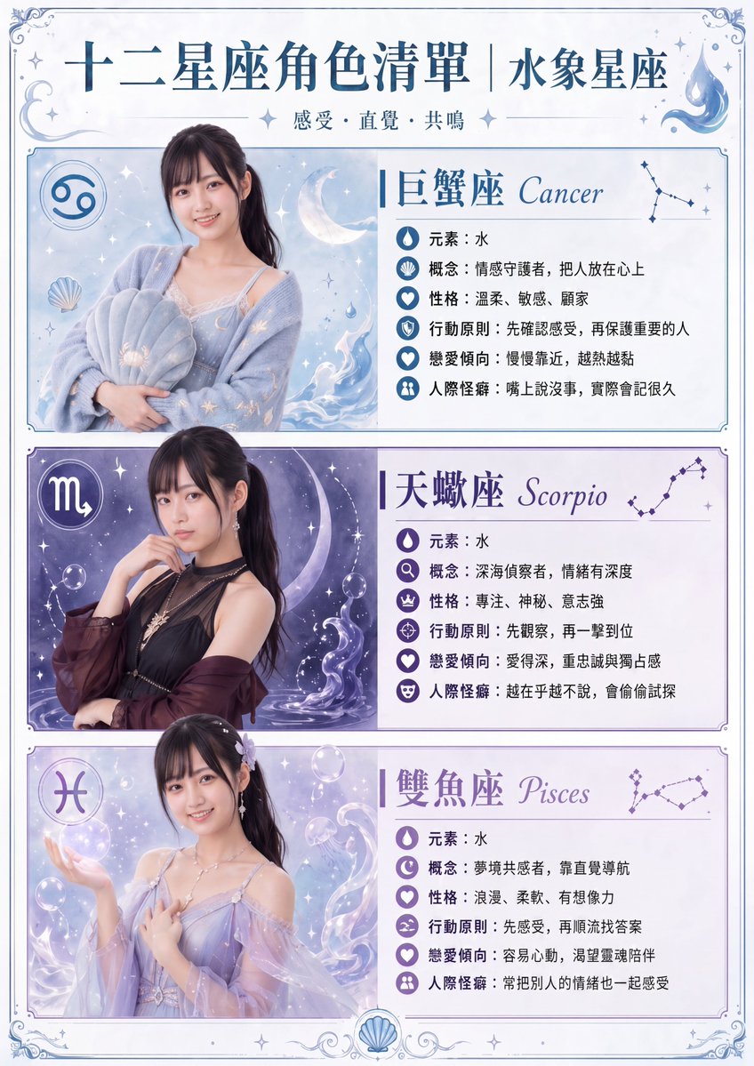 Water Signs Zodiac Character Poster，角色设计，人像、时尚、海报，案例输出图 1