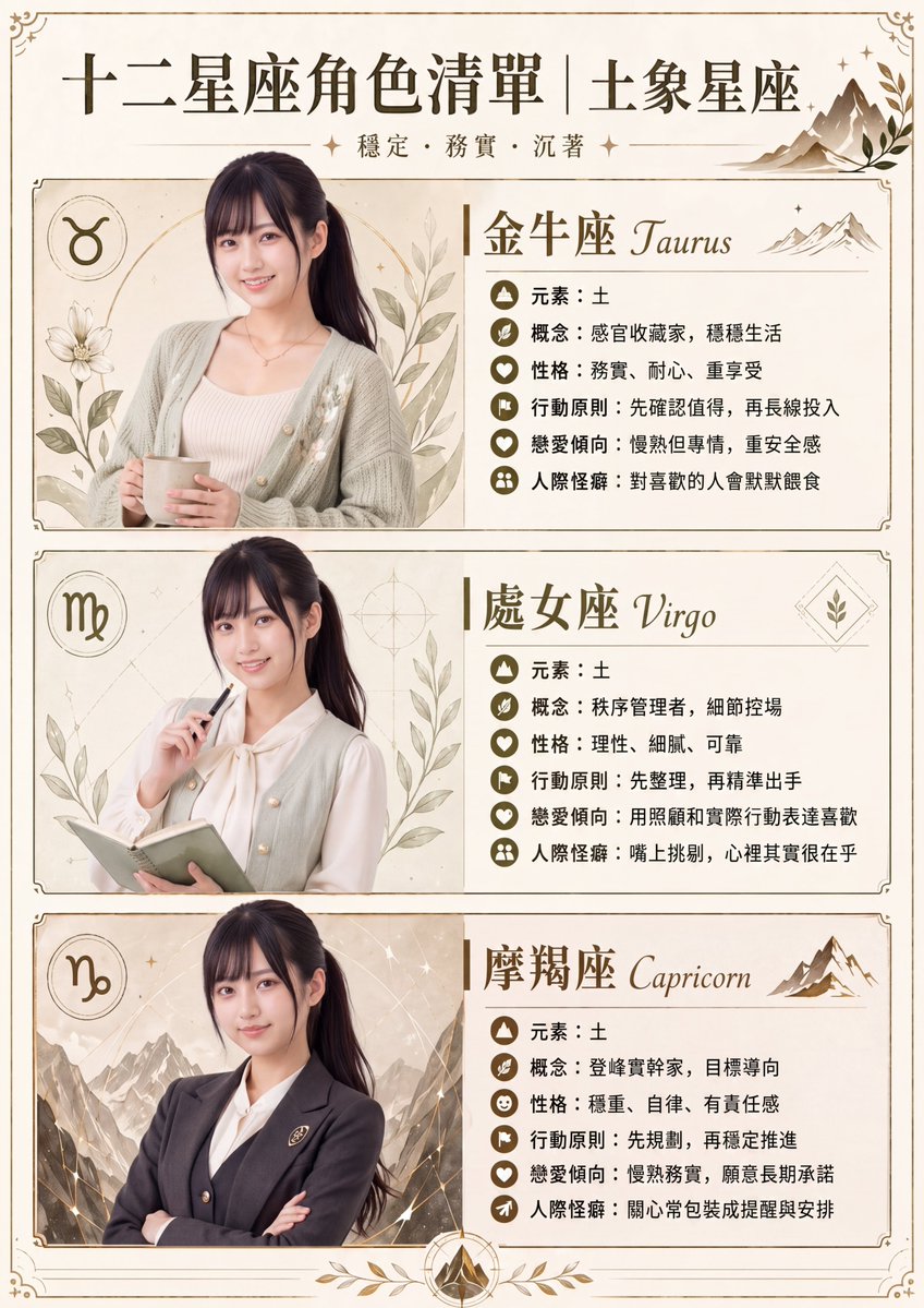 Earth Signs Zodiac Character Poster，角色设计，人像、时尚、海报，案例输出图 1