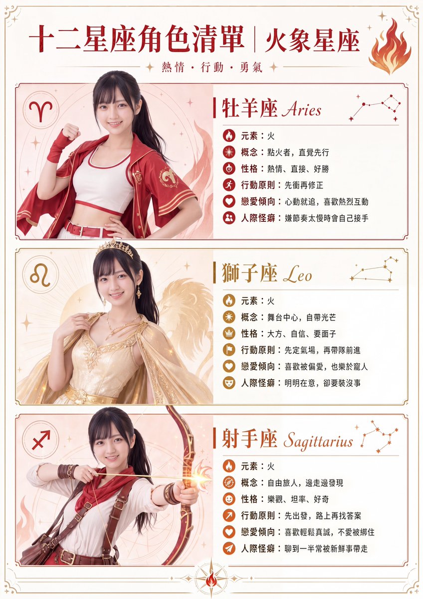 Fire Sign Zodiac Character Poster，角色设计，人像、时尚、海报，案例输出图 1