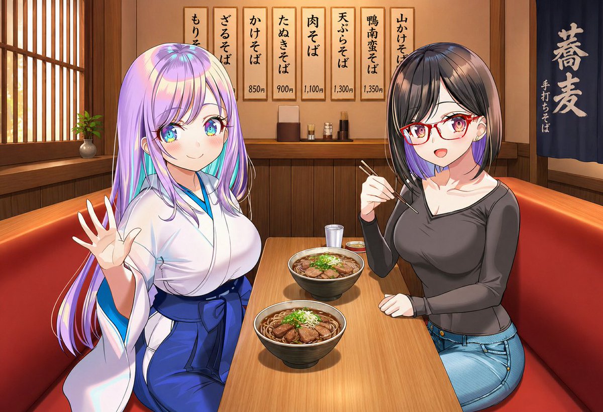 Anime Friends Eating Soba，UI 与社交媒体截图，插画、UI、截图，案例输出图 1