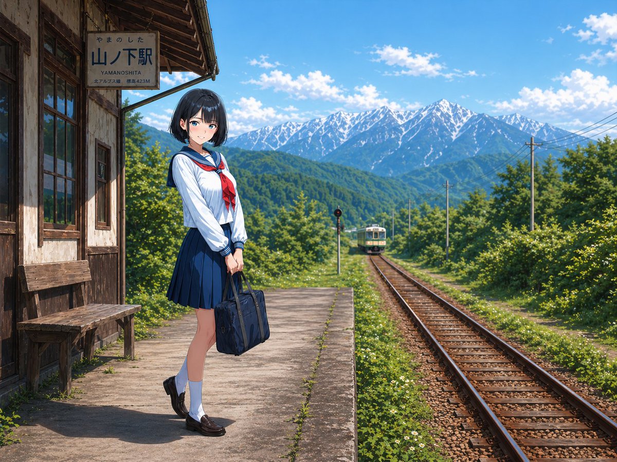 Rural Station Schoolgirl Scene，UI 与社交媒体截图，电影感、插画、UI，案例输出图 1