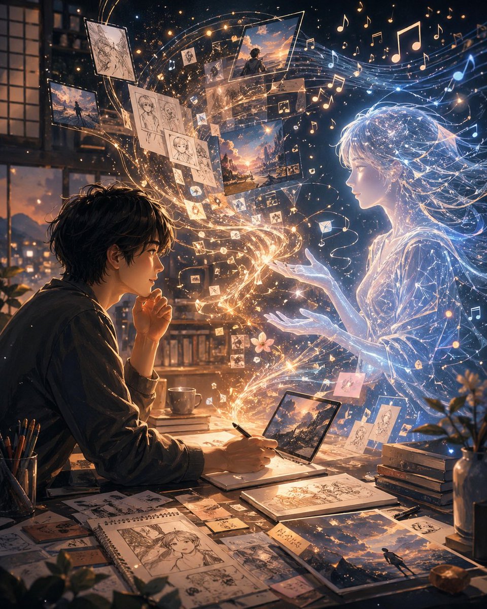 Artist and Ethereal Muse at Night，UI 与社交媒体截图，电影感、插画、UI，案例输出图 1