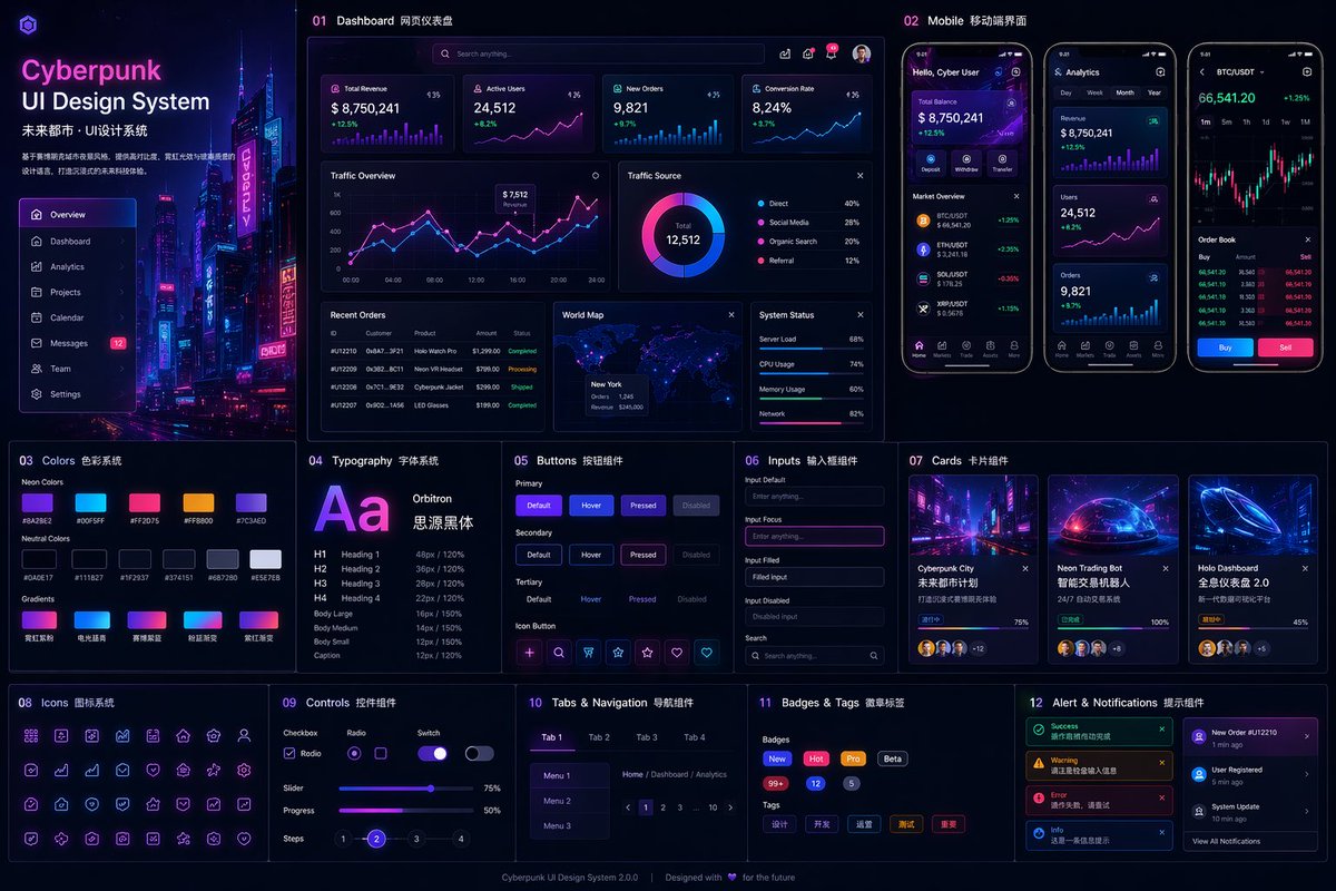 赛博霓虹 UI 设计系统 / Cyberpunk Neon UI Design System，模型对比与社区，霓虹、UI、城市视觉，案例输出图 1