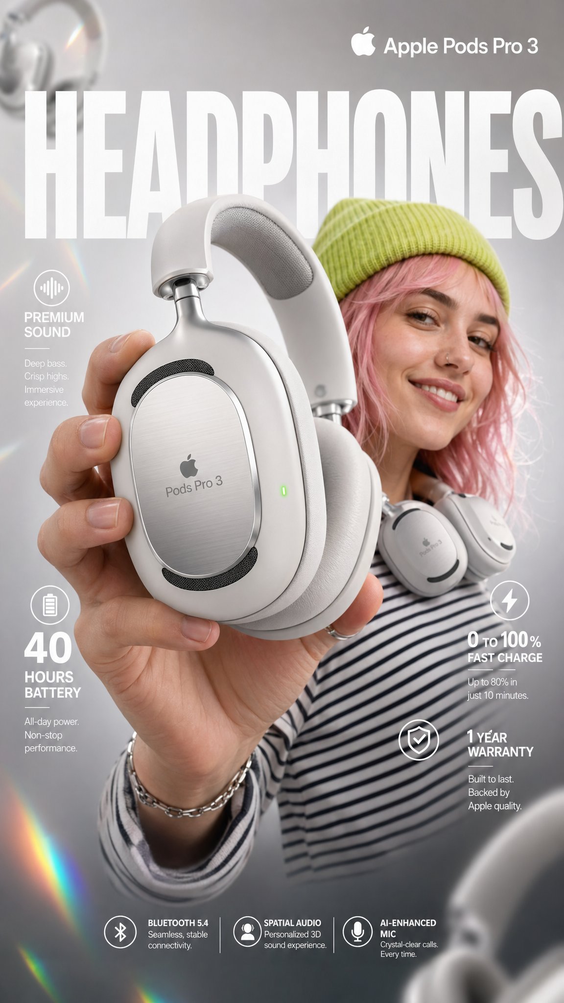 Apple Pods Pro 3 Headphone E-Commerce Infographic，UI 与社交媒体截图，电影感、时尚、UI，案例输出图 1