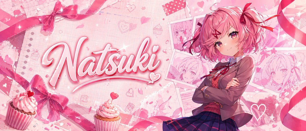 Pink Anime Natsuki Banner，UI 与社交媒体截图，人像、电影感、海报，案例输出图 1
