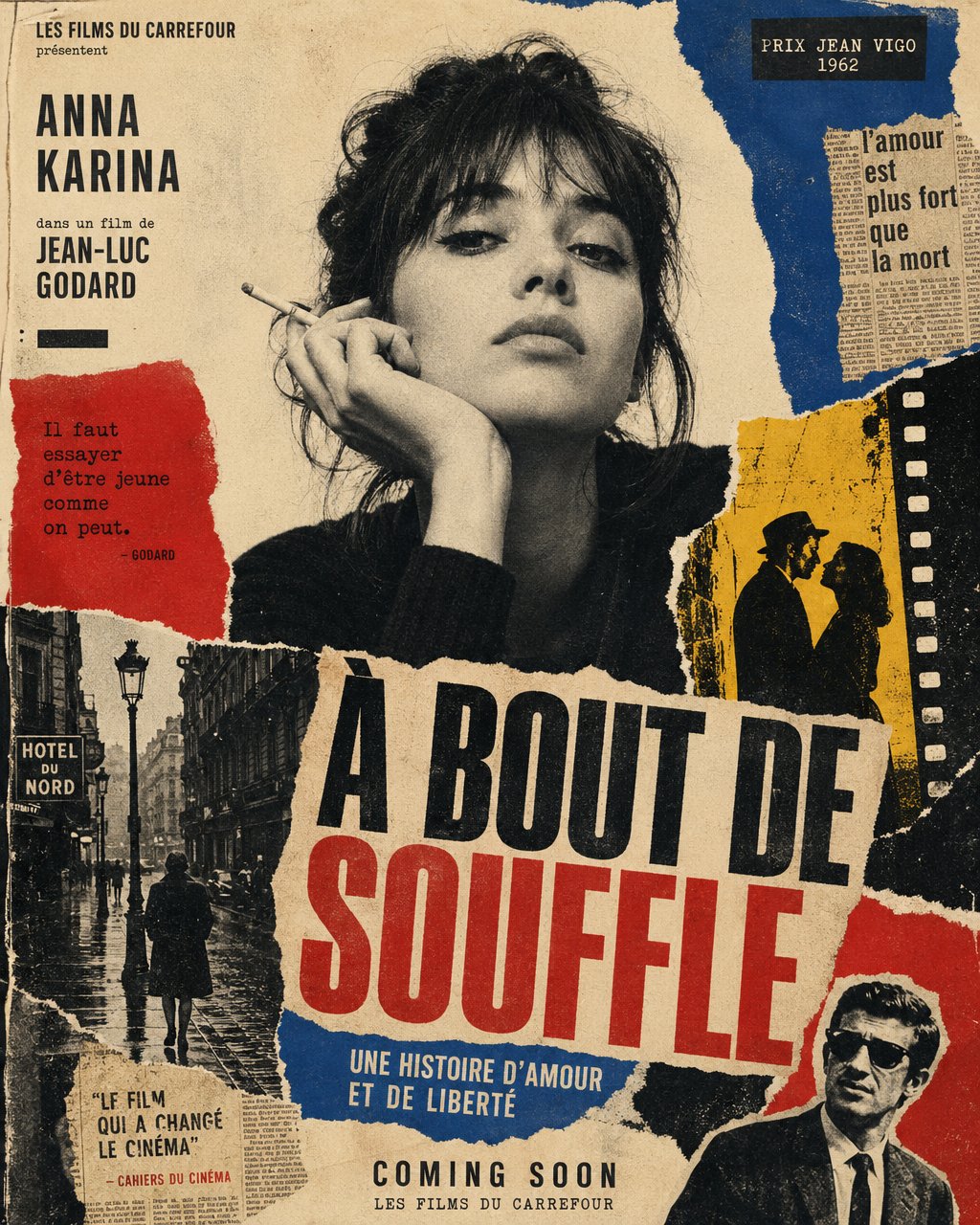 法新浪潮撕纸电影海报，人像与摄影，35mm、人像、电影感，案例输出图 1