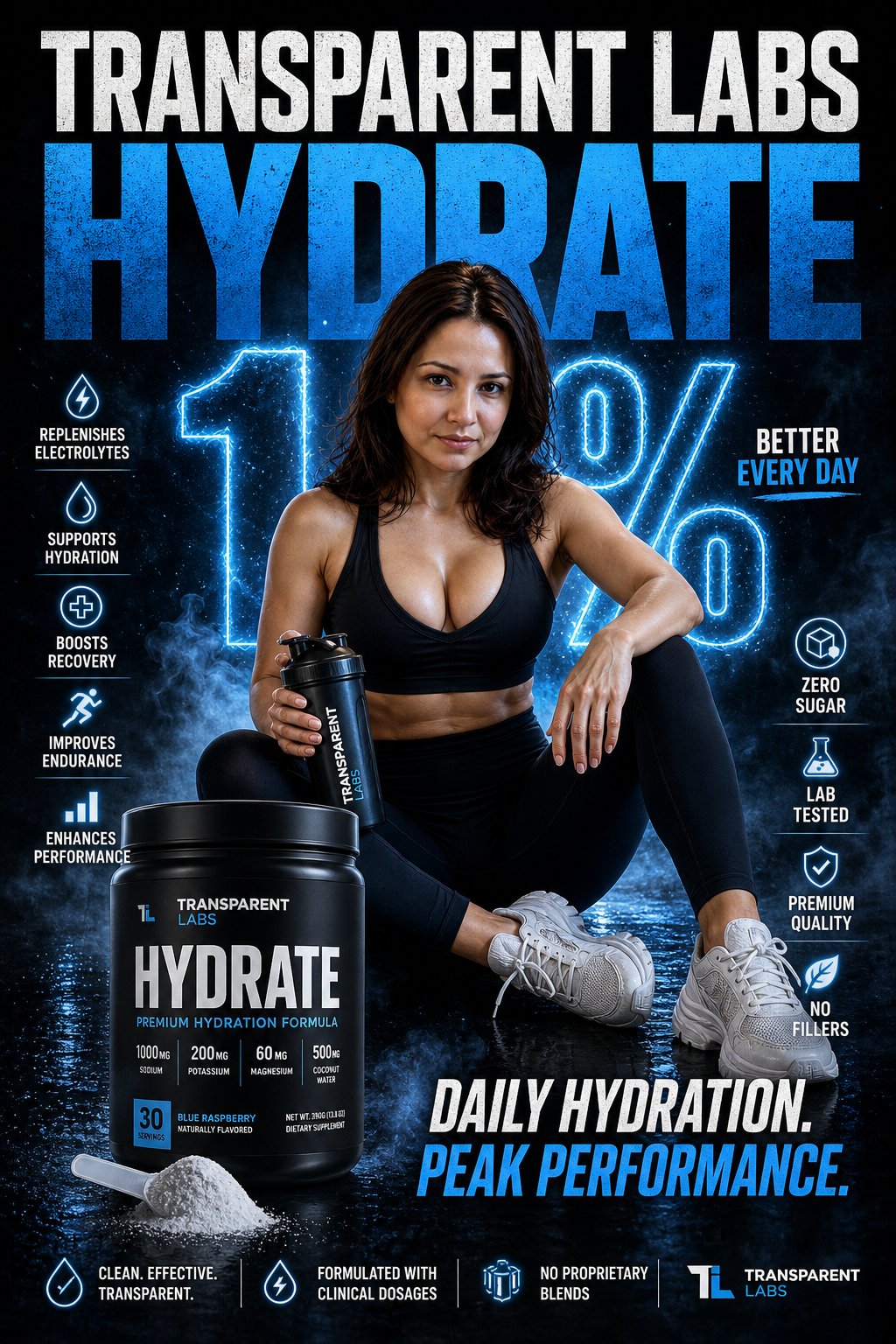 Transparent Labs Hydrate 健身补剂 Campaign，模型对比与社区，电影感、海报、排版，案例输出图 1