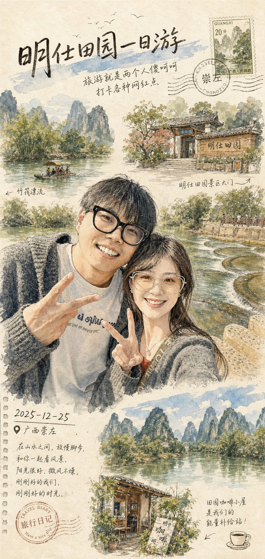 旅游照水墨明信片,人像与摄影,人像、电影感、时尚,案例输出图 1