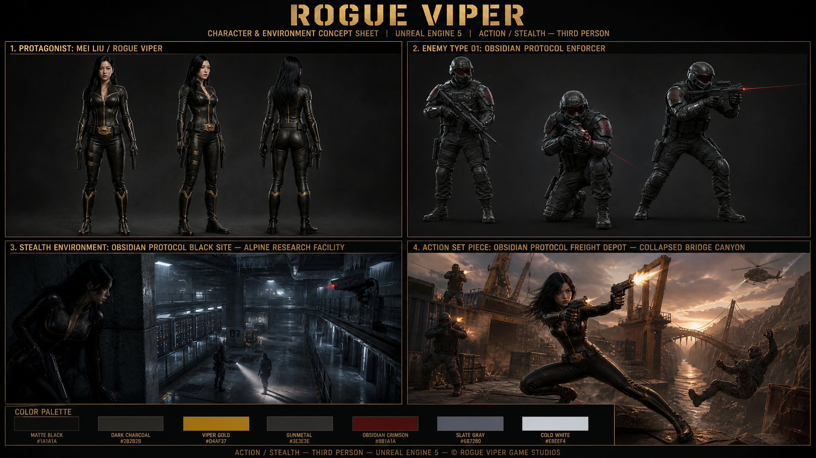 ROGUE VIPER 游戏概念设定板,模型对比与社区,电影感、插画、角色,案例输出图 1