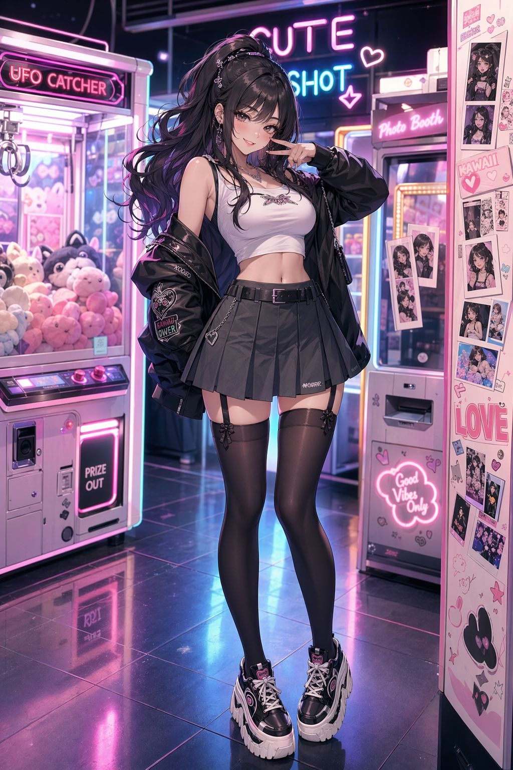 Neon arcade anime fashion portrait，角色设计，霓虹、人像、电影感，案例输出图 1