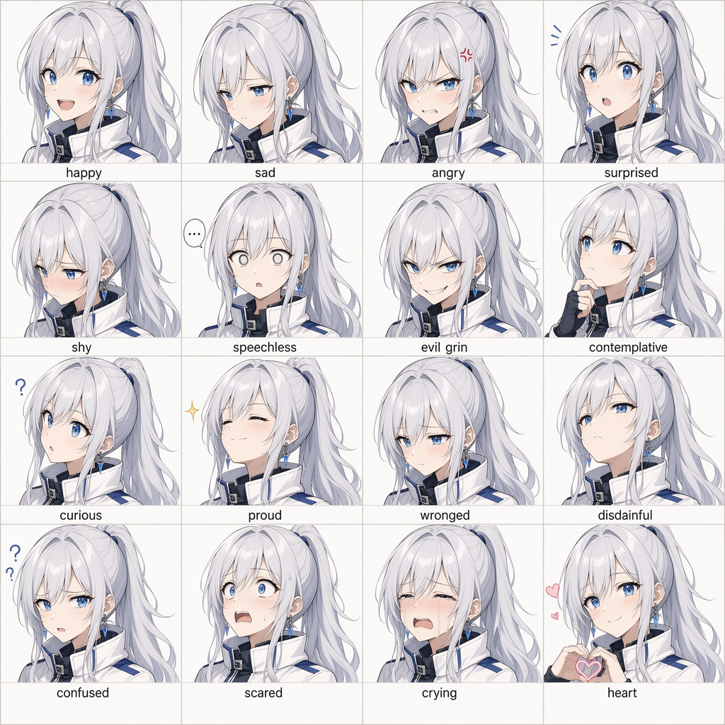 16-panel anime expression grid，角色设计，角色、二次元、角色设计，案例输出图 1