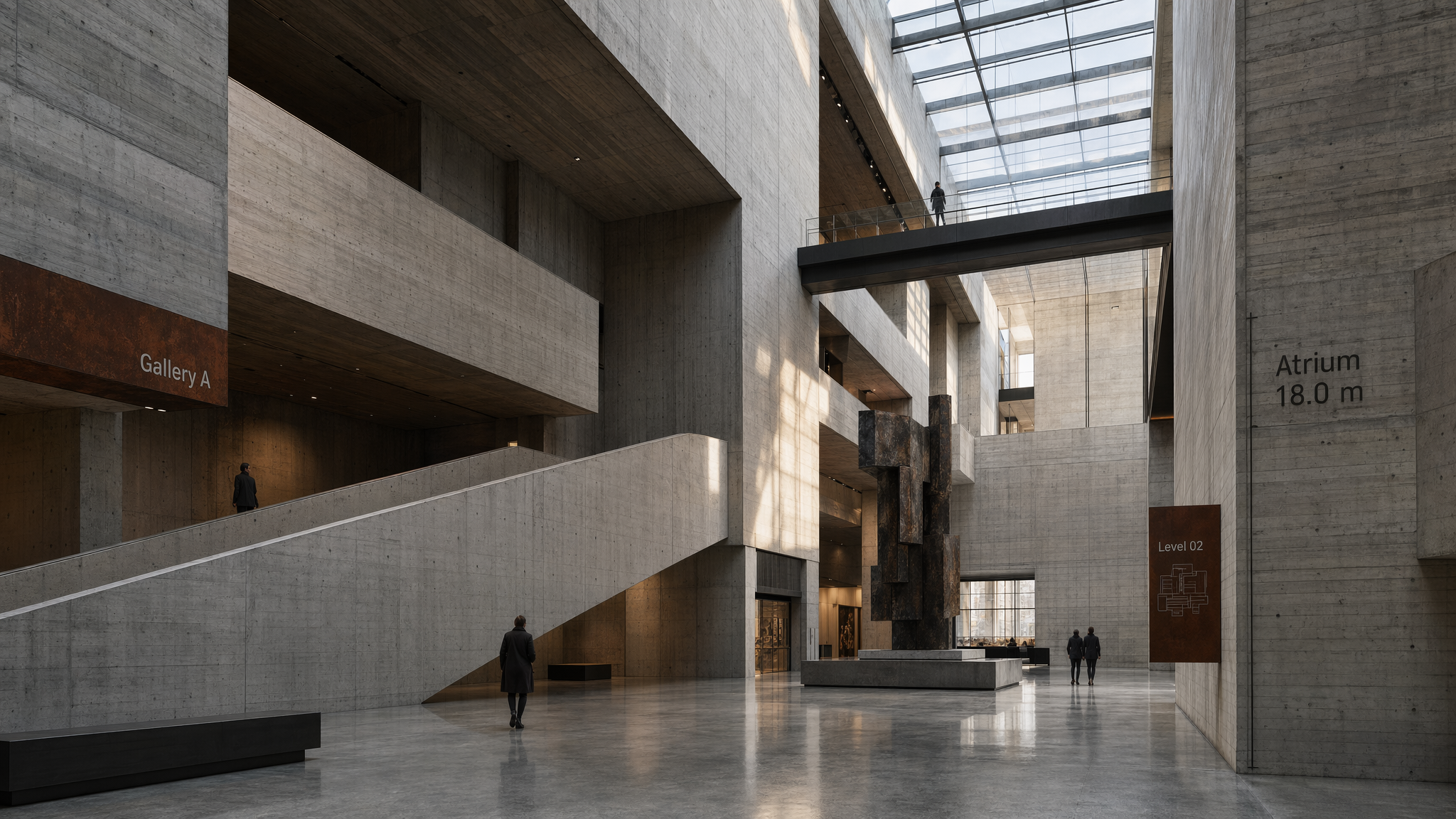 Brutalist Concrete Museum Atrium，人像与摄影，人像、电影感、竖版，案例输出图 1