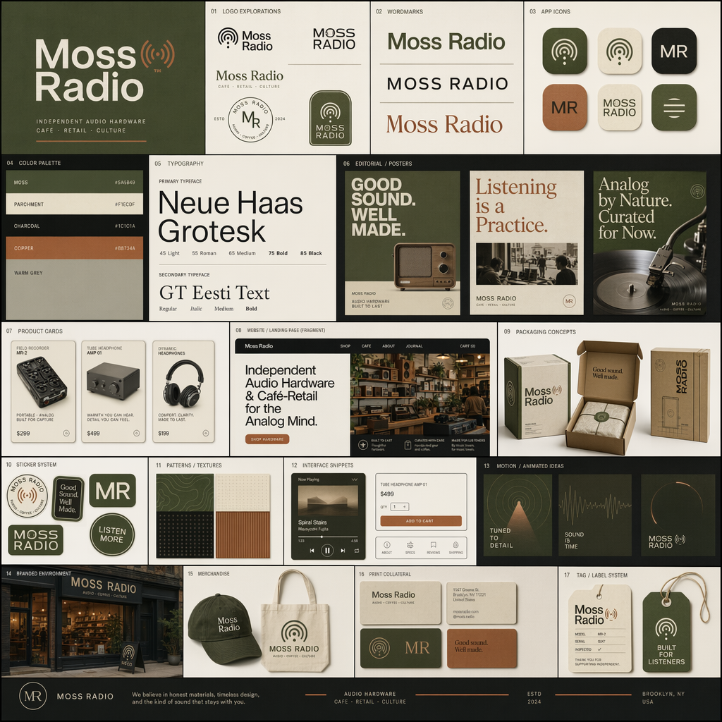 Moss Radio brand identity showcase board，UI 与社交媒体截图，时尚、海报、UI，案例输出图 1