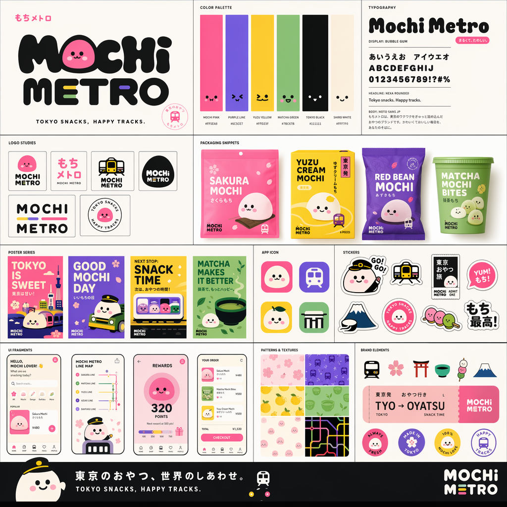 Playful brand kit: Mochi Metro，UI 与社交媒体截图，海报、UI、截图，案例输出图 1