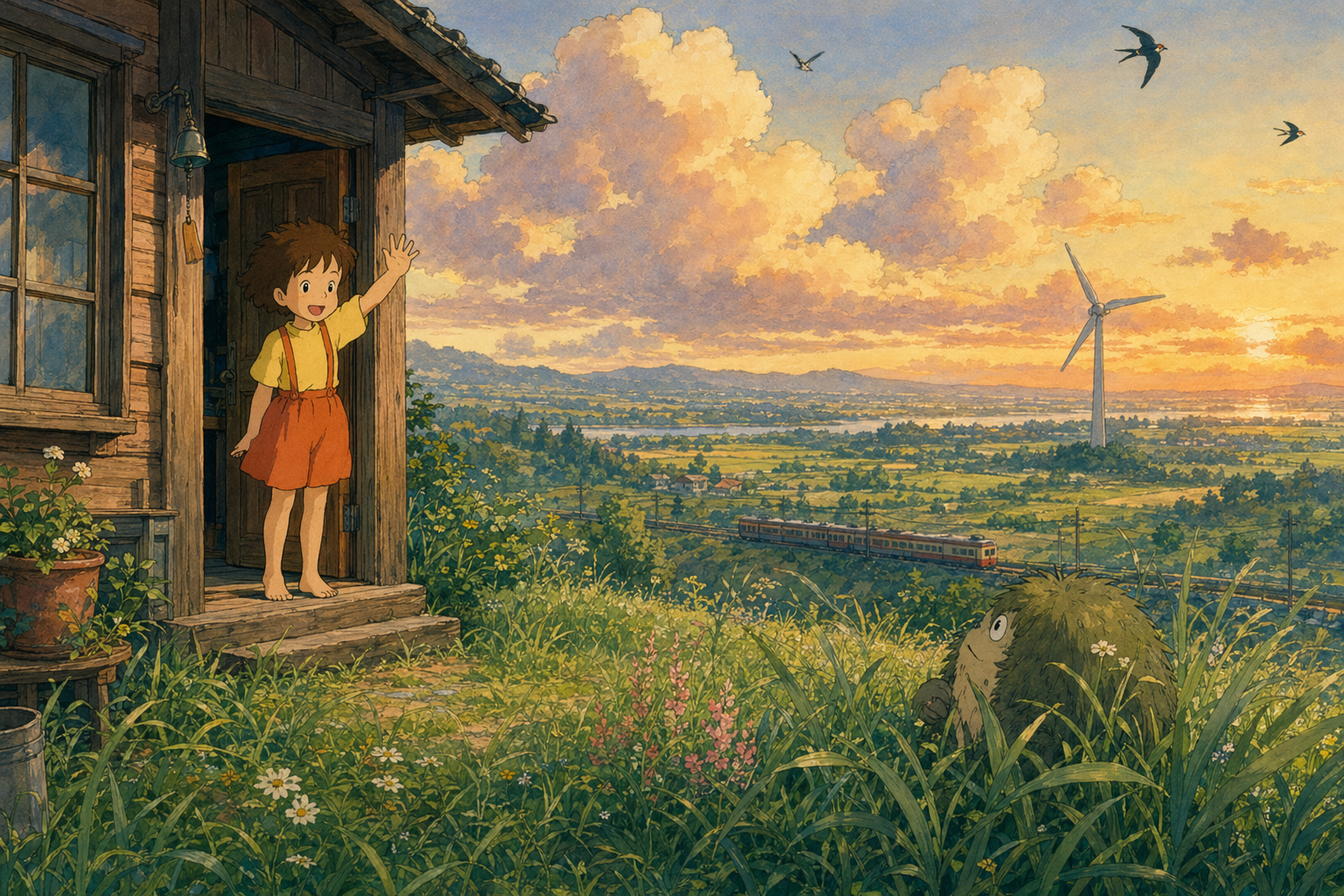 Studio-Ghibli-style animation still，角色设计，电影感、角色、水彩，案例输出图 1