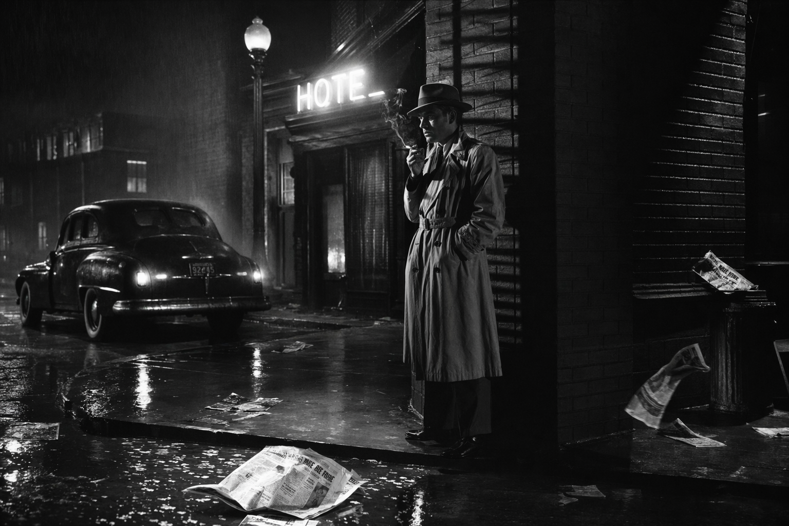 1940s film-noir still，人像与摄影，35mm、霓虹、人像，案例输出图 1