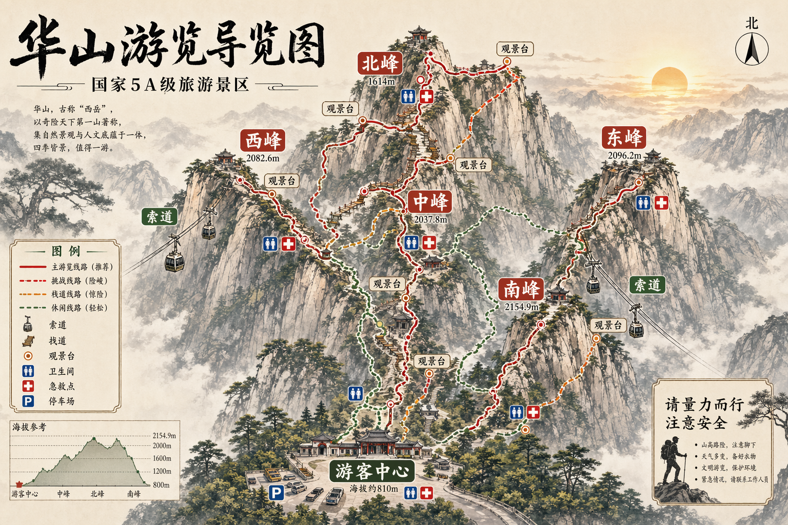 Huashan 5A scenic wayfinding map，海报与插画，海报、插画、城市视觉，案例输出图 1