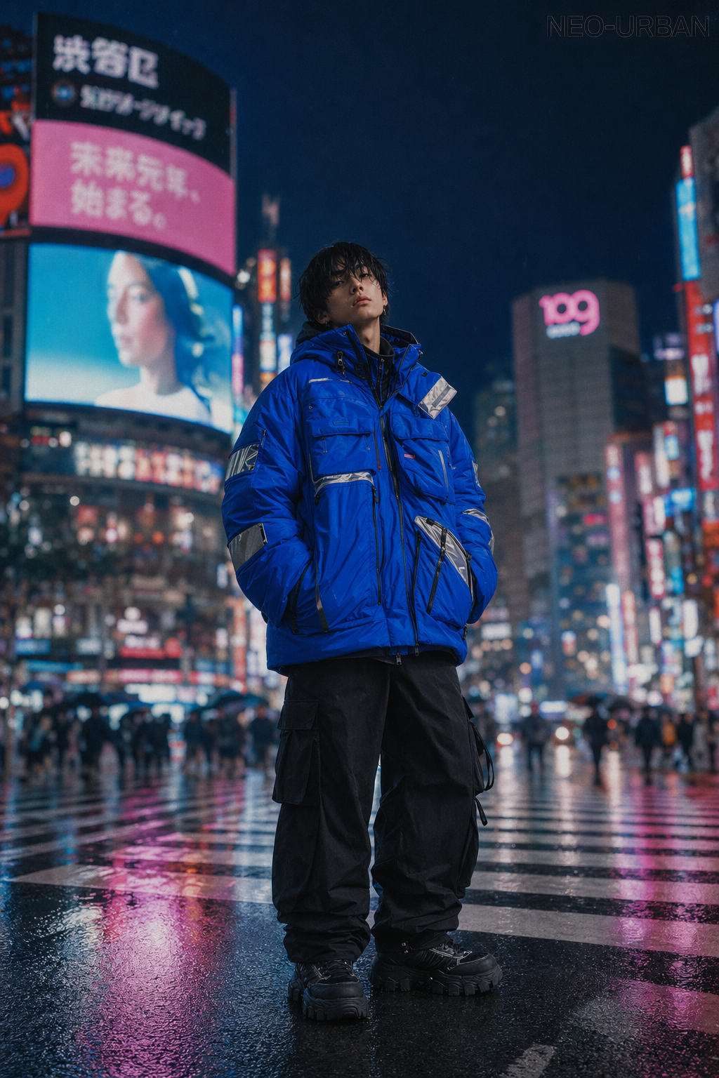 Urban Streetwear Lookbook: Shibuya Night，角色设计，35mm、霓虹、时尚，案例输出图 1